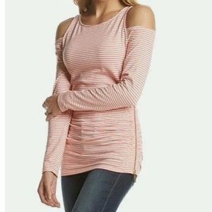 Michael Kors Pink and White Striped Cold-Shoulder Long Sleeve Top